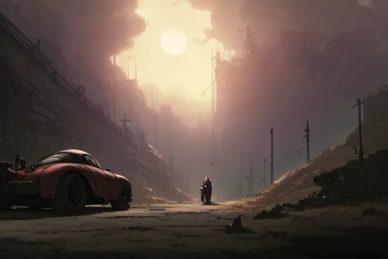 Prompt: dieselpunk post apocalyptic tvr cerbera : : speeding over the horizon : : painted by greg rutkowski makoto shinkai takashi takeuchi studio ghibli, akihiko yoshida