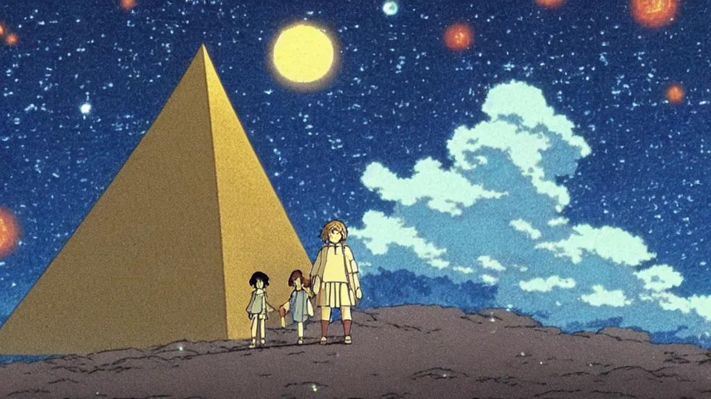 Prompt: a movie still from a studio ghibli film showing one large white pyramid and a golden ufo on a misty and starry night. by studio ghibli