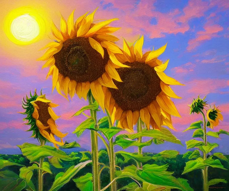 Image similar to sunflowers, william henrits, hovik zohraybyan, oil painting, bright colors, pink skies, sunrise, soft tones