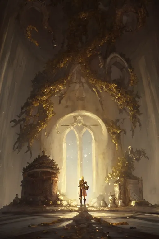 Prompt: baroque oil painting of anime key visual concept art of rustic grand stone chapel with female knight standing in the doorway wearing silver armor with gold trims, trending on artstation, brush strokes, oil on canvas, style of kawacy and makoto shinkai and greg rutkowski and studio ghibli