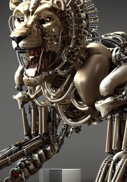 Image similar to complex 3 d render hyper detail portrait of a mechanical lion human cyborg, tooth wu, sci fi, full body, intricate, art by kazuhiko nakamura and hajime sorayama, 8 k octane detailed render, post - processing, extremely hyperdetailed, intricate futuristic mechanic parts, maya, dark background, sharp focus, blender, cinematic lighting + masterpiece, trending on artstation