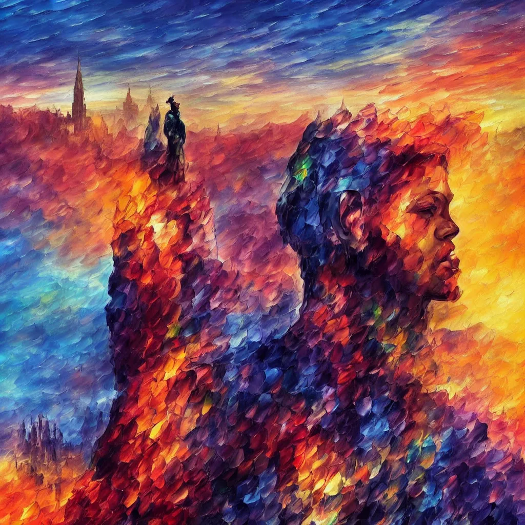 Image similar to the crowned king!!! looking mad with anger in his eyes, looking down on the city of blood and prisms from above the mountain, night skies, dramatic light, hyperrealistic, colorful skies, digital art, studio portrait absurdly beautiful, elegant, graceful, alena aenami, leonid afremov, wayne barlowe