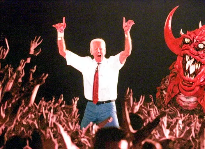 Image similar to publicity photo still of joe biden in gwar live on stage 1 9 9 8, 8 k, live concert lighting, mid shot