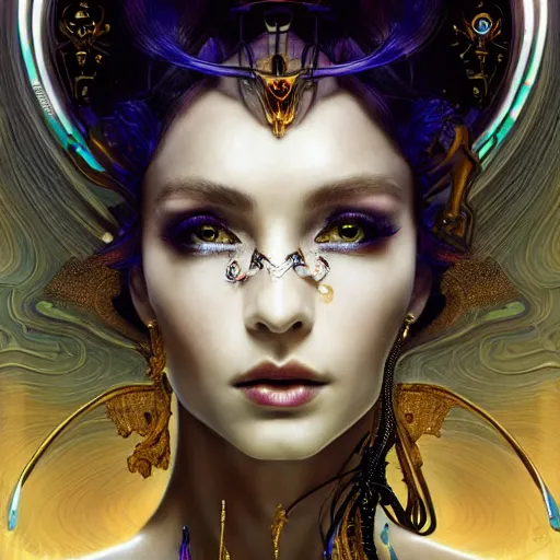 Image similar to extremely psychedelic beautiful cyborg queen of lsd infected by night. intricate, elegant, highly detailed, extremely lifelike photorealistic digital painting, artstation. steichen, gaston bussiere, tom bagshaw, cyberpunk alphonse mucha. elegant minimalism. anatomically correct. sultry rage. sharp focus. gold and black, white accents. lifelike