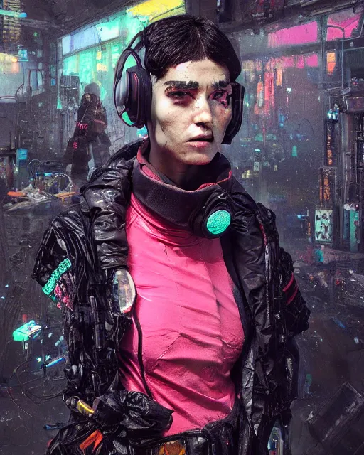 Image similar to detailed portrait Neon guard woman with very short dark hair seen from the back, cyberpunk futuristic, reflective puffer jacket, black leggings, decorated with traditional ornaments in front of a dystopian crowd with piles of garbage by Ismail inceoglu dragan bibin hans thoma, Perfect face, fine details, realistic shaded, fine-face, pretty face