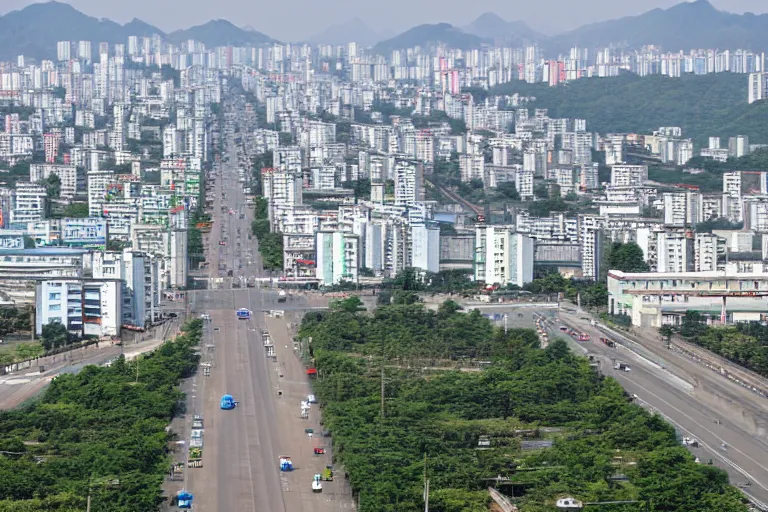 Prompt: Street view of Pyongyang as a South Korean city