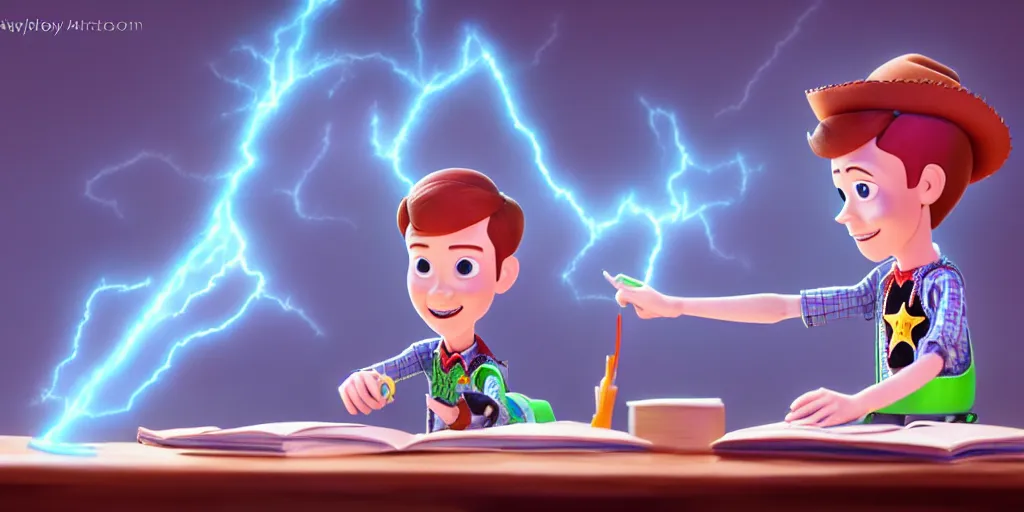 Prompt: a young boy mage that looks like andy from toy story and is at his desk working on a new spell that is casting out flowing energy, colorful, flowing energy, light rays, consistent face, medium shot, waist up, pixar and disney animation, sharp, concept art, highly detailed, trending on artstation, bloom, dramatic lighting, cinematic