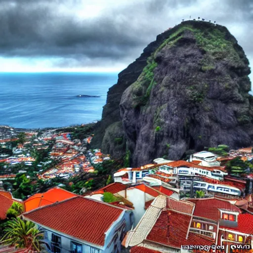 Image similar to king kong walking over madeira island in funchal city, trampled, cinematic shot, realistic, hdr, color, wide shot, gigantic