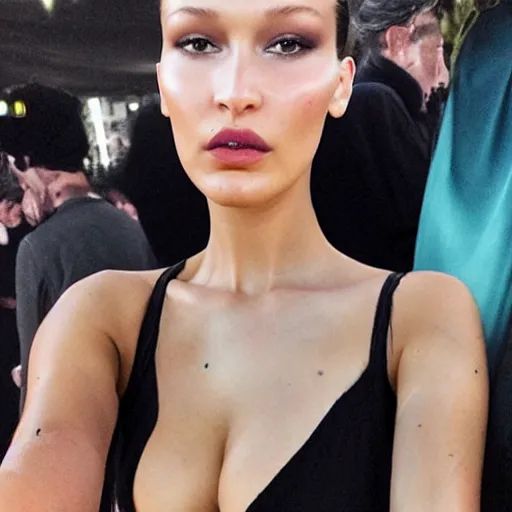 Prompt: bella hadid taking a selfie with her favorite food, very detailed, photorealistic, dynamic light, iphone 1 3