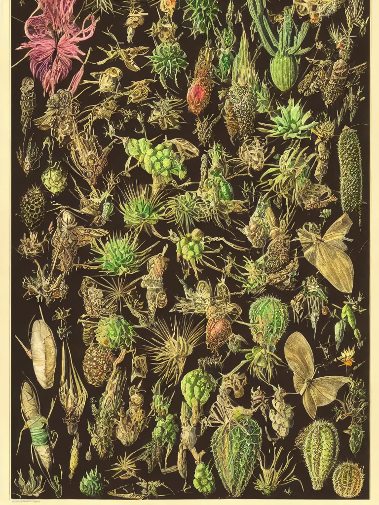 Image similar to moths and bats and glowing cactus, by ernst haeckel and by walton ford