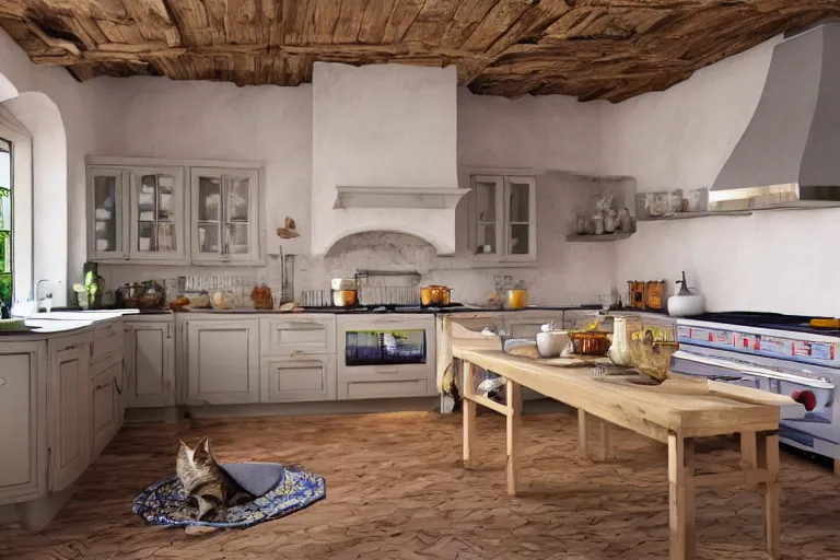 Image similar to Photography of Provence style kitchen with sleeping cat in the center, photorealism