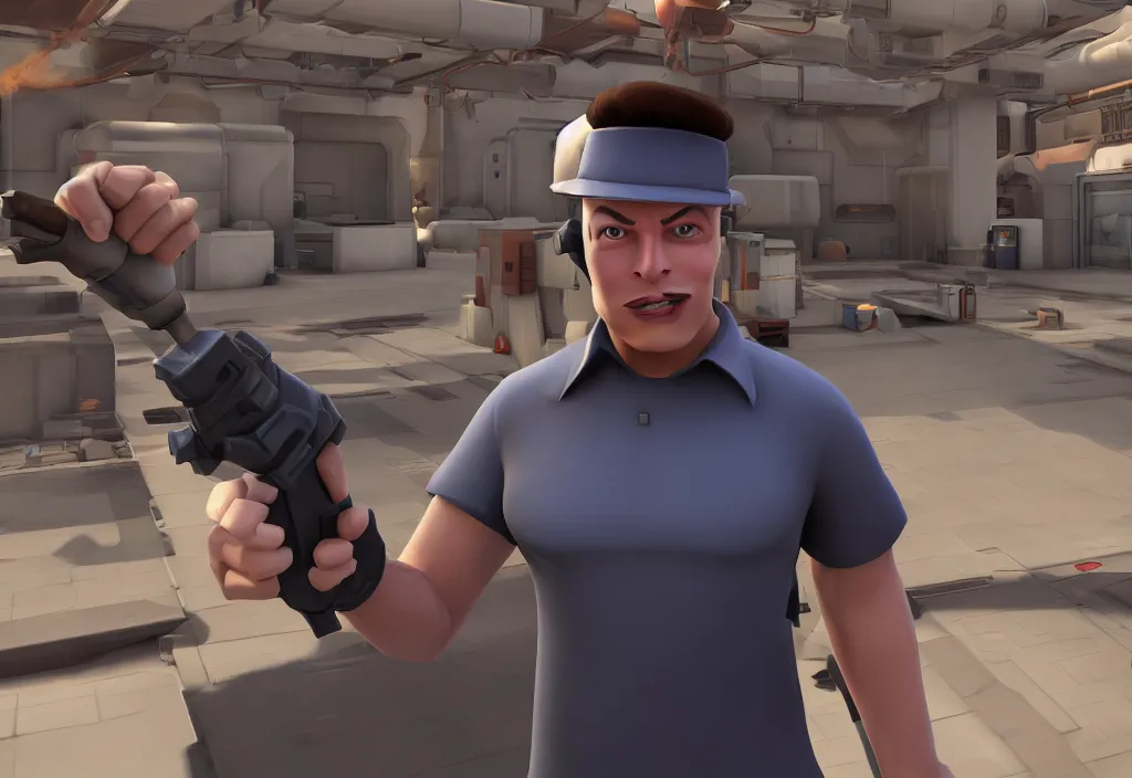 Image similar to elon musk in team fortress 2, elon musk in the video game team fortress, gameplay screenshot, close up, 3 d rendering. unreal engine. amazing likeness. very detailed.