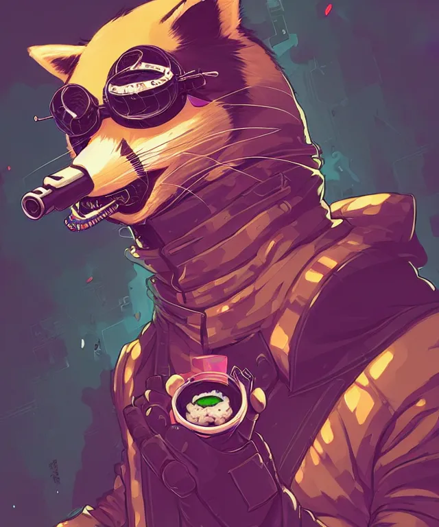 Image similar to a portrait of an anthropomorphic cyberpunk raccoon eating sushi, cyberpunk!, fantasy, elegant, digital painting, artstation, concept art, matte, sharp focus, illustration, art by josan gonzalez