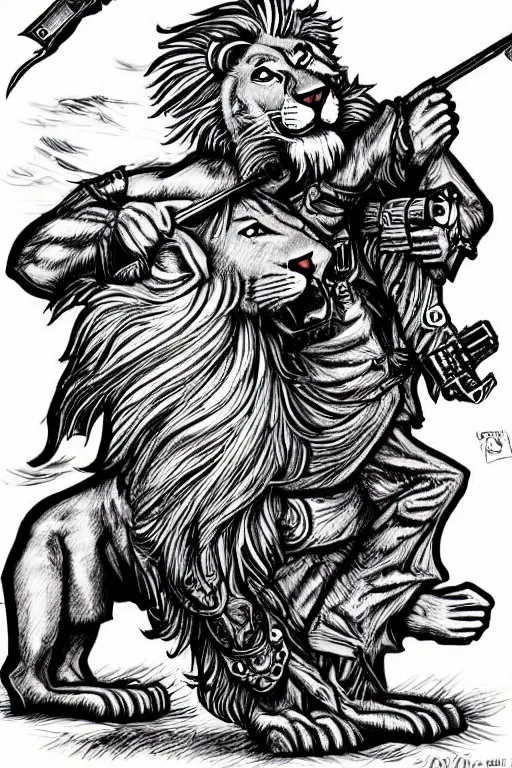 Image similar to lion and an armed hunter, art style ben garrison!!!!!!!!!!!!!!!! drawn by ben garrison, iconic, masterpiece, ornate and detailed, cartoon