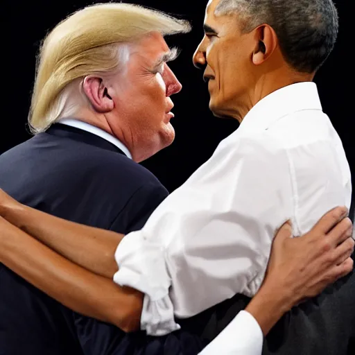 Prompt: donald trump hugging barack obama tenderly