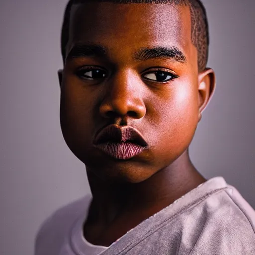 Image similar to the face of young kanye west at 1 3 years old, portrait by julia cameron, chiaroscuro lighting, shallow depth of field, 8 0 mm, f 1. 8