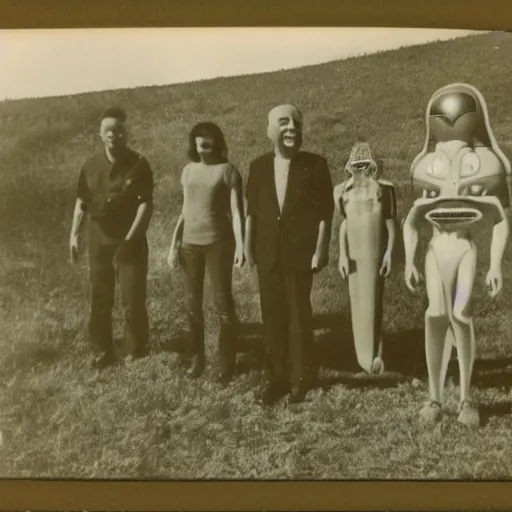 Image similar to polaroid photograph of aliens visiting earth, 1 9 5 0