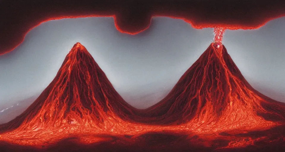 Prompt: a volcano made of ivory vines and crimson rocks enters in eruption, it spits a smoke in the shape of demonic eye, by john howe