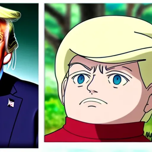 Image similar to Donald Trump as an anime character from Studio Ghibli