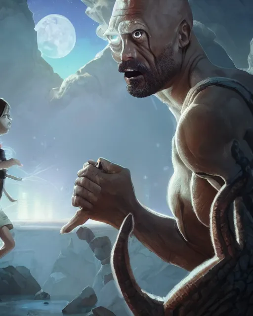 Image similar to dwayne johnson as rick from rick and morty, gothic scene, dramatic light, lee ji - eun, illustration, atmosphere, focused, artstation, highly detailed, art by yuhong ding and chengwei pan and serafleur and ina wong