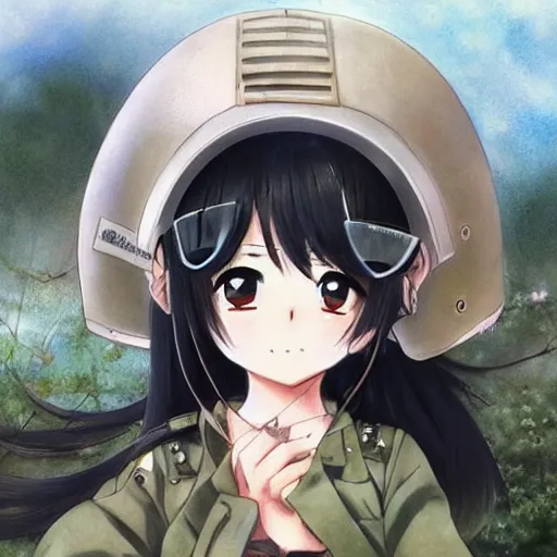 Prompt: Cute young girl in anime style with black hair and a army helmet in the style of Shōjo Shūmatsu Ryokō (girl's last tour), pixiv, pinterest anime, art by Steve Hanks, art by Alyssa Monks, endless summer art, realistic, wide focus, 8k ultra, insanely detailed, intricate, elegant, art by Laurie Lipton, digital art by James Clyne, art by Steve Hanks