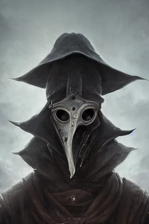 Image similar to A fancy portrait of a medieval plague doctor by Greg Rutkowski, Sung Choi, Mitchell Mohrhauser, Maciej Kuciara, Johnson Ting, Maxim Verehin, Bloodborne, 8k photorealistic, cinematic lighting, HD, high details, dramatic, dark atmosphere, trending on artstation