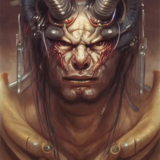 Image similar to portrait, cyberpunk japanese oni demon with horns, stern expression, long hair, highly detailed, digital painting, artstation, concept art, smooth, sharp focus, illustration, artgerm, tomasz alen kopera, peter mohrbacher, donato giancola, joseph christian leyendecker, wlop, frank frazetta