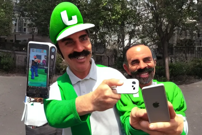 Image similar to real life luigi holding an iphone