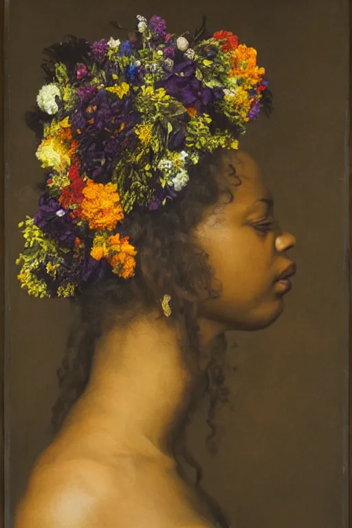 Image similar to an African American woman's face in profile, long dark hair, made of flowers and fruit, in the style of the Dutch masters and Gregory crewdson, dark and moody