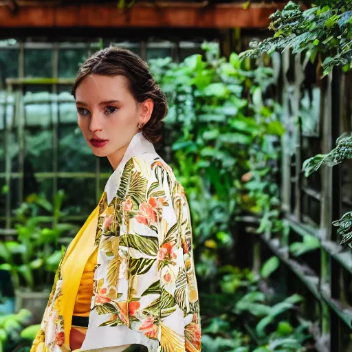 Prompt: head to shoulder portrait film photograph of an elegant top model wearing a yellow kimono with a very detailed barn owl on her shoulder!!! in a tropical greenhouse. looking at the camera!!. super resolution. 85 mm f1.8 lens.bokeh. graflex. by Alessio albi ! -