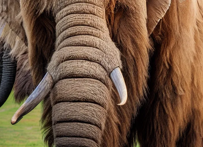 Image similar to closeup of a very wooly brown hairy mammoth, ((elephant)), mastodon, mammoth, detailed fur, zoo photography, National Geographic, HD,