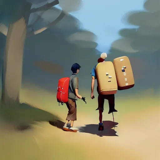 Image similar to goro fujita ilustration hiker taking suitcases out of his house, painting by goro fujita, sharp focus, highly detailed, artstation