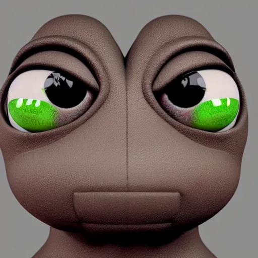 Image similar to a madge - pepe - the - frog, looking more depressed than usual, quivering lips, fists in the air, sweat flying, cgi render, zbrush, octane, keyshot render