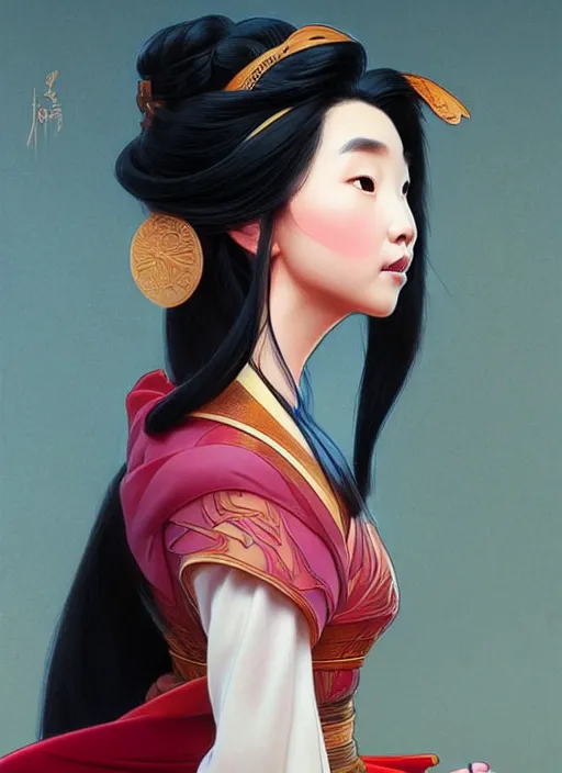 Image similar to portrait of disney mulan, intricate, elegant, highly detailed, my rendition, digital painting, artstation, concept art, smooth, sharp focus, illustration, art by artgerm and greg rutkowski and alphonse mucha and uang guangjian and gil elvgren and sachin teng, symmetry!!