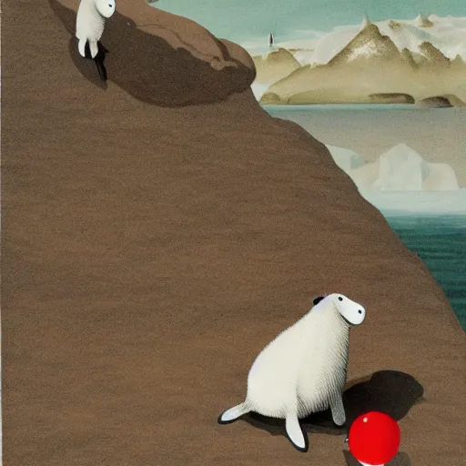 Image similar to cartoon drawing of a seal tossing a red ball with a sheep in antarctica. the seal's head is sticking out above the water and the sheep is standing near the edge of ice