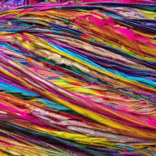 Image similar to millions of thin twisted ribbons of colorful fabric unravel chaotically in strong winds across a dark night sky, unreal engine