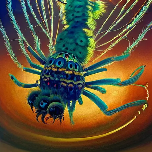 Prompt: Giant peacock tarantulas fly through the air, as a tornado approaches, by Takashi Murakami, Edward Hopper, Bo Bartlett, and Cynthia Sheppard, Artstation