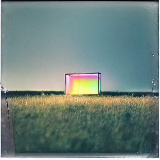 Image similar to a pastel coloured Polaroid photo of a large cube made of transparent iridescent perspex stood in a field, beams of light, nostalgic