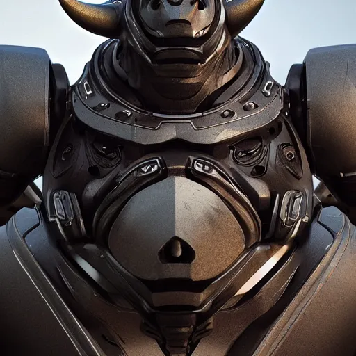 Prompt: an android ( bull ) modeled after a bull looking into the camera, android, cyborg, half body, intricate, 3 d, hyper realism, fantasy, depth of field, octane render, symmetrical, highly detailed, digital art, artstation, concept art, cinematic lighting, trending