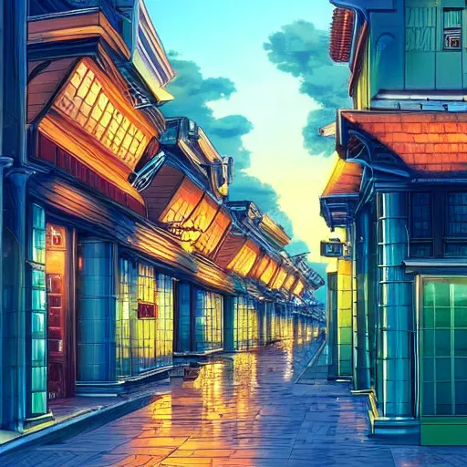 Image similar to beautiful anime scenery, city street at dusk