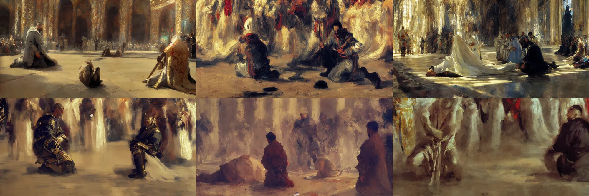 Prompt: painting of a king kneeling before the pope. close - up. impressionistic, ruan jia, sorolla, trending on artstation