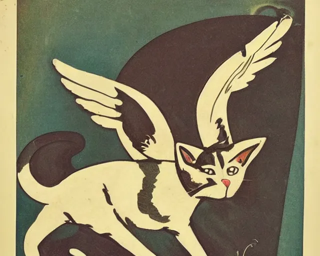 Image similar to vintage art deco animal poster depicting a cat with wings and talons