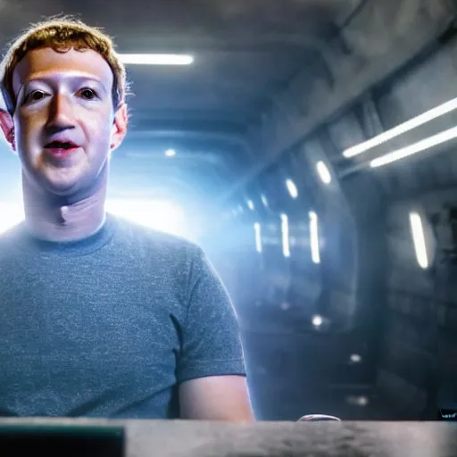 Prompt: Mark Zuckerberg in Ready Player One, movie still, promo material, EOS-1D, f/1.4, ISO 200, 1/160s, 8K, RAW, unedited, symmetrical balance, in-frame