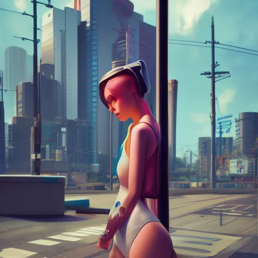 Image similar to a woman standing next to a pole in a city, cyberpunk art by Ilya Kuvshinov, cgsociety, photorealism, 2d game art, official art, daz3d