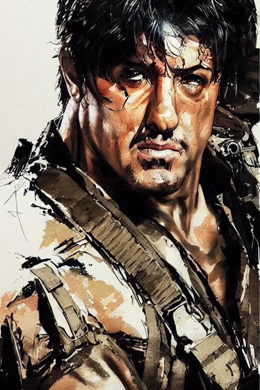 Prompt: a portrait of Stallone as Rambo by Yoji Shinkawa and Ashley Wood