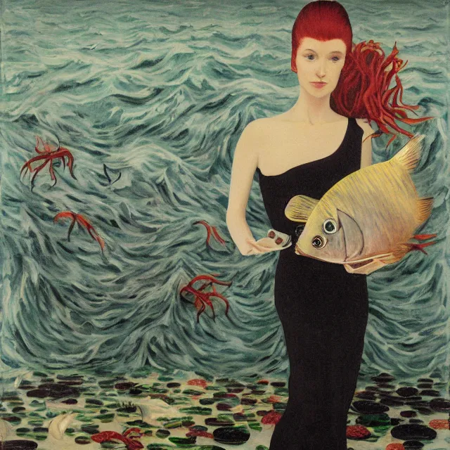 Image similar to tall emo female artist holding a large fish in her flooded kitchen, seaweed, pomegranates, octopus, water gushing from ceiling, painting of flood inside an artist's apartment, a river flooding indoors, ikebana, zen, rapids, waterfall, black swans, canoe, berries, acrylic on canvas, surrealist, by magritte and monet