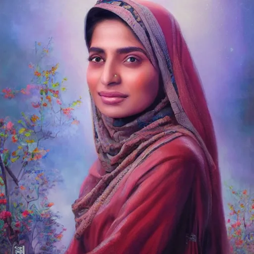 Image similar to portrait of a pakistani woman ( 3 5 ) from pakistan in 2 0 2 1, an oil painting by ross tran and thomas kincade