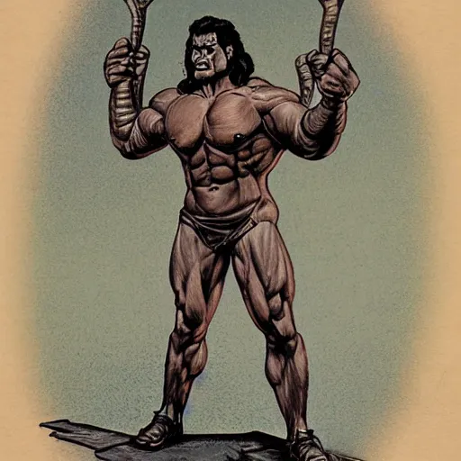 Image similar to muscular martian barbarian, standing on boulder, science fiction pulp illustration