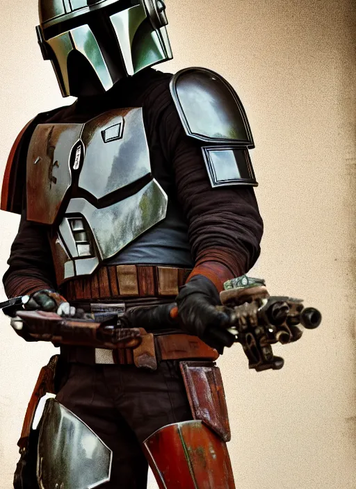 Image similar to a photorealistic dramatic hyperrealistic render of the mandalorian bounty hunter, ultra realistic details, well worn, rust, oil stains by photographer lindsay adler, beautiful dramatic dark moody tones and lighting, cinematic atmosphere, studio lighting, global illumination, shadows, dark background, octane render, 8 k