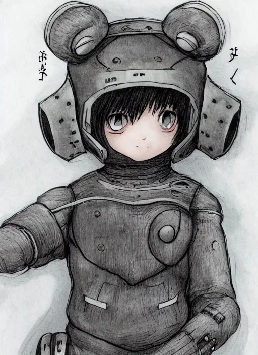 Image similar to beautiful little boy wearing an cyborg bear suit, artwork in kentaro miura and made in abyss and rosdraws, smooth, beautiful lightness, anatomically correct, trending on pixiv, forest